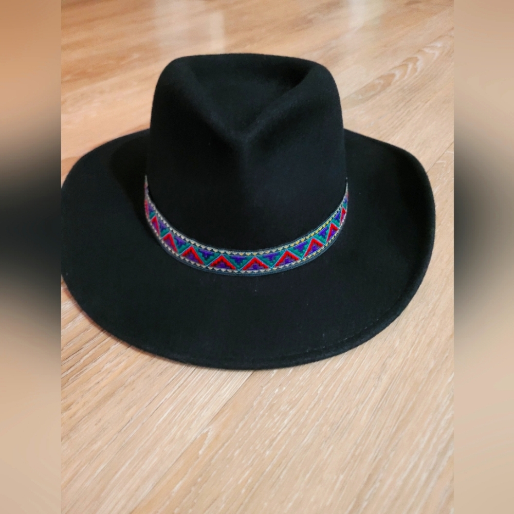BOHO WESTERN WEAR 100% BLACK WOOL HAT SZ MEDIUM AZTEX FALL/WINTER HAT